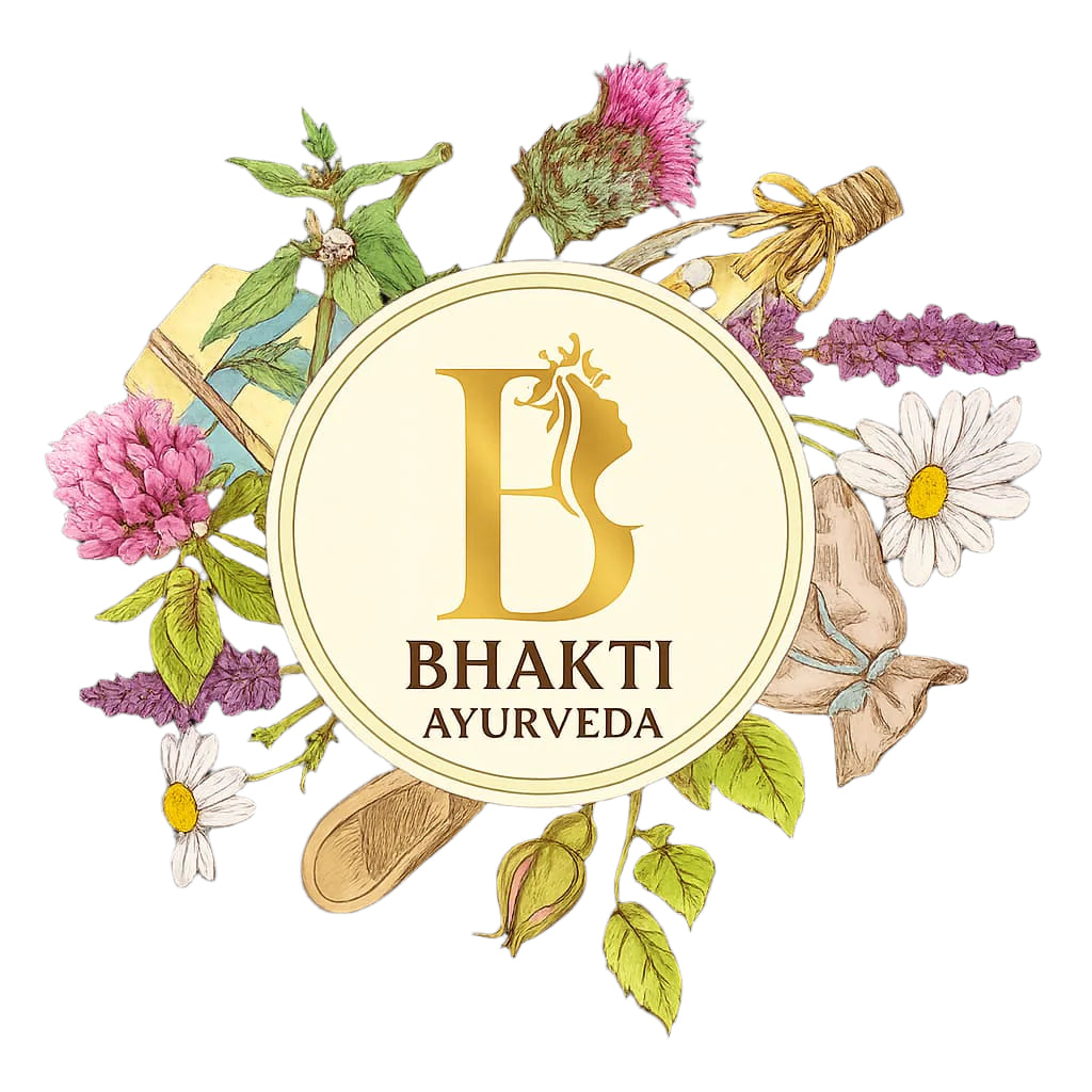 Bhakti Ayurveda logo with flowers and herbs on a white 
background

